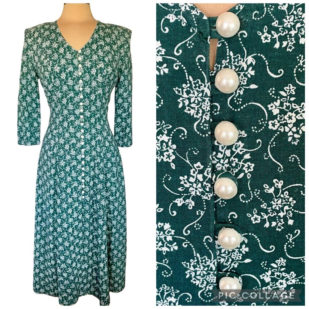 VTG Jody California Green Floral Print Midi Dress Sz S Pearl Buttons Laced Back
